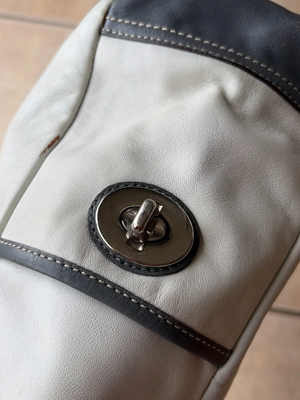 Coach Beige and Dark Grey Leather Shoulder Tote